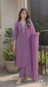 Purple Cotton Blend Beadwork Kurti Set with Dupatta