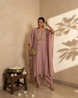 Woman wearing Pink Tissue Zardosi Work Mandarin Collar IndoWestern Dress | Kunvarani