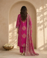 Fabric and detail close up of Hot Pink Pearl Work Kurti Set with Dupatta from Kunvarani