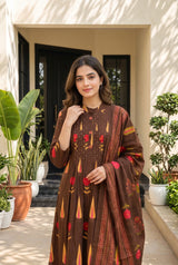 Back view of Brown Block Print Kurti Set with Dupatta from Kunvarani