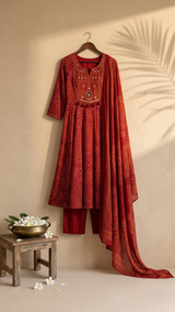Red Bandhani Print Mirror Work Anarkali with Dupatta