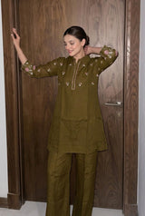 Fabric and detail close up of Olive Green Chanderi Cotton Embroidery Kurti Set from Kunvarani