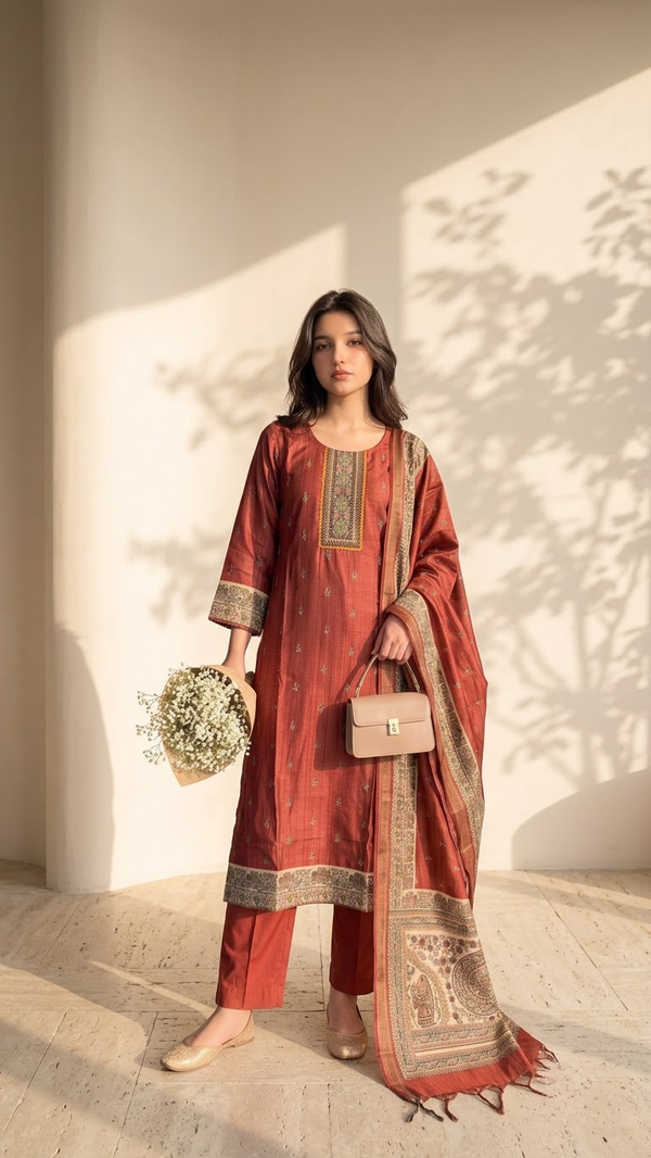 Red Sequin Work Kurti Set with Dupatta