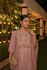Back view of Pink Tissue Zardosi Work Mandarin Collar IndoWestern Dress from Kunvarani