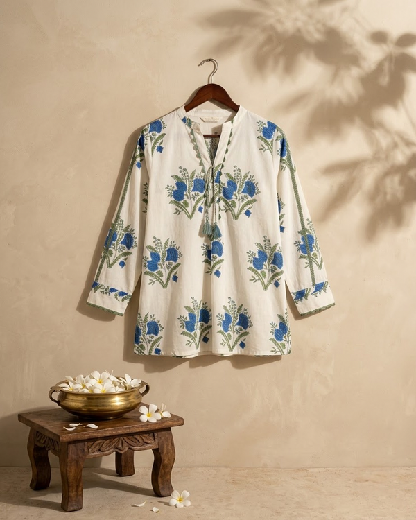 White Pure Cotton Floral Print Mandarin Collar Shirt