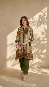 Woman wearing Brown Soft Muslin Batik Print IndoWestern Dress | Kunvarani