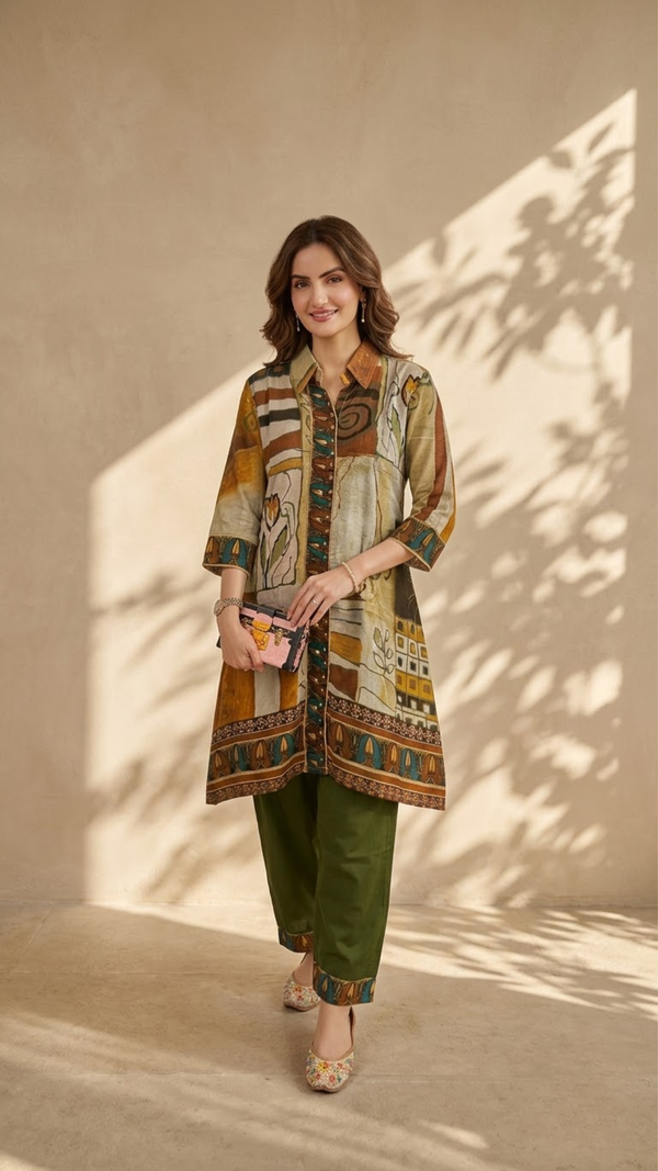 Woman wearing Brown Soft Muslin Batik Print IndoWestern Dress | Kunvarani