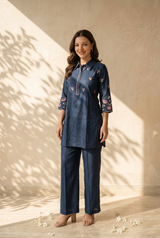 Woman wearing Royal Blue Chanderi Cotton Embroidery Kurti Set | Kunvarani