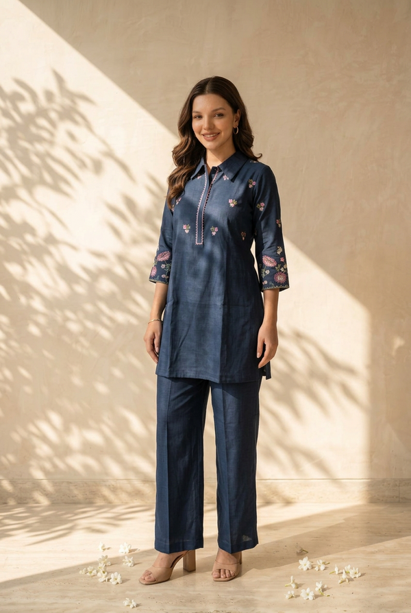 Woman wearing Royal Blue Chanderi Cotton Embroidery Kurti Set | Kunvarani