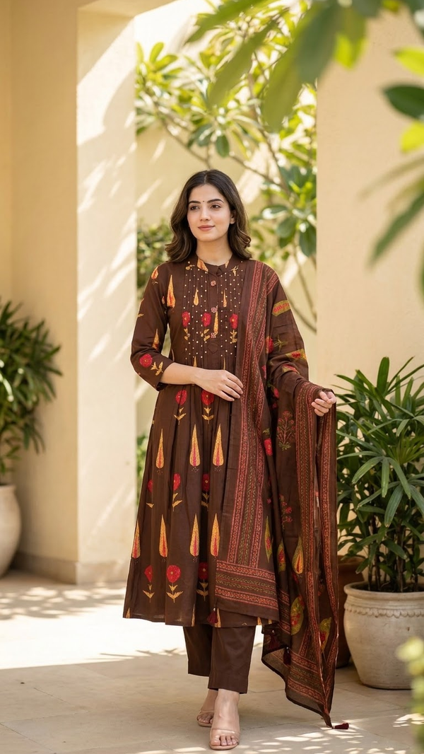 Woman wearing Brown Block Print Kurti Set with Dupatta | Kunvarani