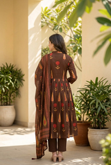 Brown Block Print Kurti Set with Dupatta