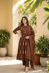 Brown Block Print Kurti Set with Dupatta