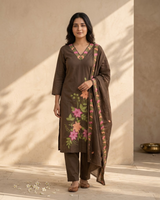 Brown Embroidered Kurti Set with Dupatta