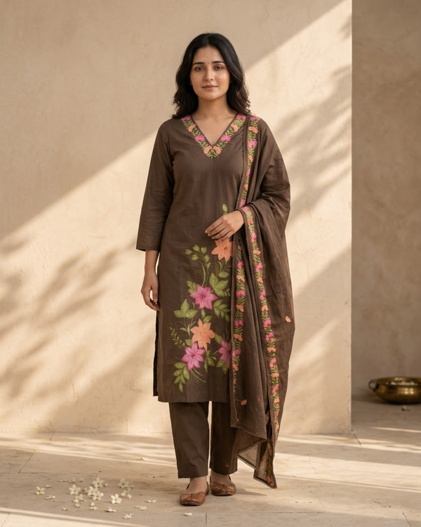 Brown Embroidered Kurti Set with Dupatta