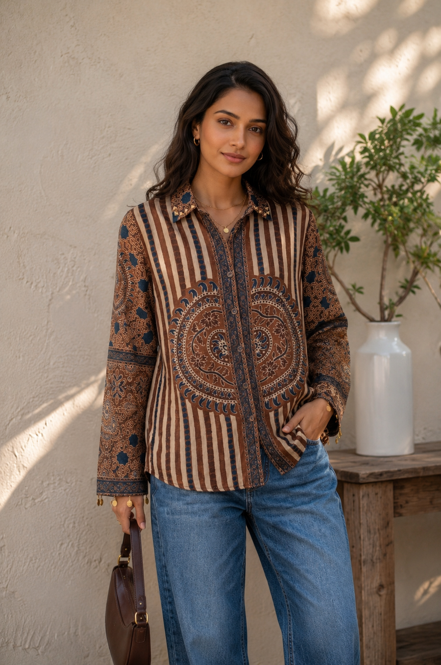Brown Crepe Ajrakh Print Shirt