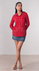 Woman wearing Red Crepe Plus Size Shirt | Kunvarani