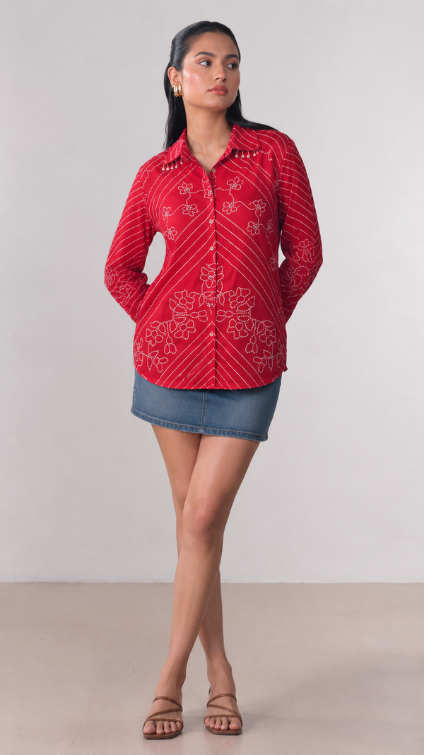 Woman wearing Red Crepe Plus Size Shirt | Kunvarani