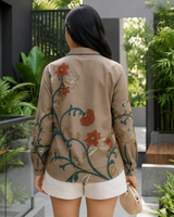 Woman wearing Beige Muslin Plus Size Shirt | Kunvarani
