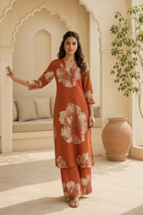 Woman wearing Rust Cotton Co-Ord Set | Kunvarani