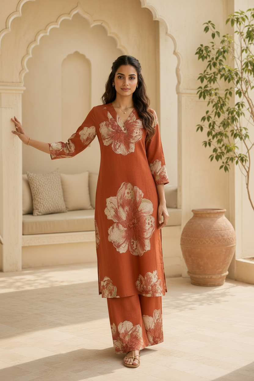 Woman wearing Rust Cotton Co-Ord Set | Kunvarani