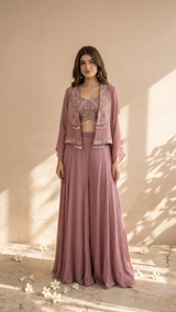 Woman wearing Pink Tissue Embroidery IndoWestern Dress | Kunvarani