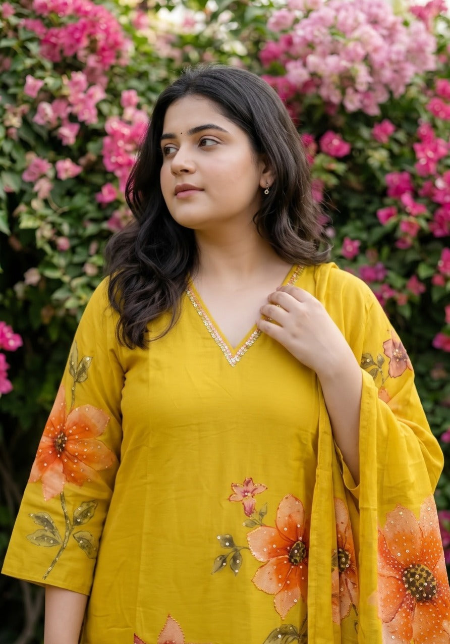Woman wearing Plus Size Turmeric Yellow Knot Work Kurti Set with Dupatta | Kunvarani