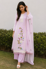 Fabric and detail close up of Blush Pink Organza Embroidery Kurti Set with Dupatta from Kunvarani