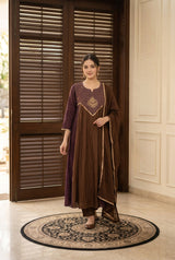 Brown Embroidery Mandarin Collar Kurti Set with Dupatta