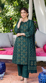 Fabric and detail close up of Cobalt Blue Thread Work Mandarin Collar Kurti Set with Dupatta from Kunvarani