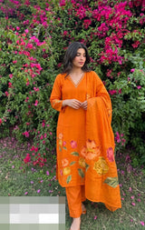 Front view of Orange Mull Cotton Knot Work V-Neck Kurti Set with Dupatta from Kunvarani