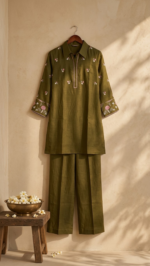 Woman wearing Olive Green Chanderi Cotton Embroidery Kurti Set | Kunvarani