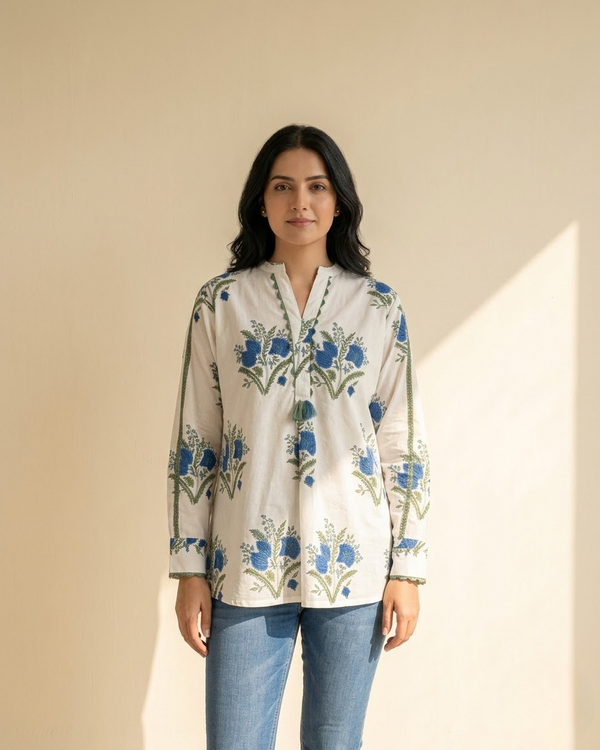 White Pure Cotton Floral Print Mandarin Collar Shirt