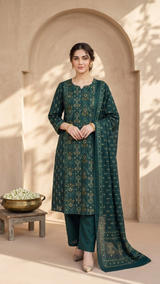 Woman wearing Cobalt Blue Thread Work Mandarin Collar Kurti Set with Dupatta | Kunvarani