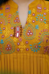 Fabric and detail close up of Mustard Chanderi Cotton Thread Work Mandarin Collar Co Ord Set from Kunvarani