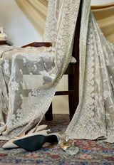 Tissue Saree in Ivory Silver - Zardosi Work