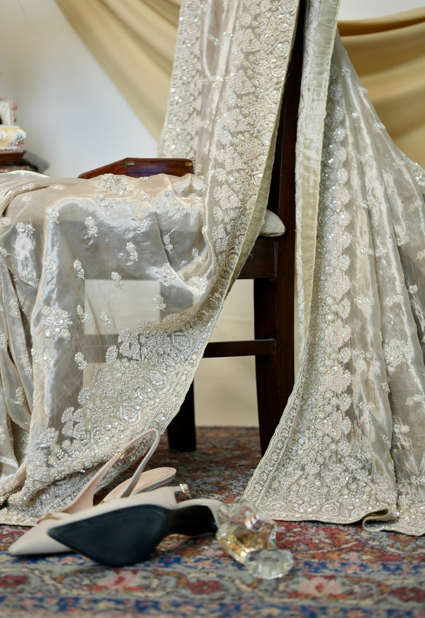 Tissue Saree in Ivory Silver - Zardosi Work