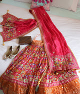 Sunset Pink & Orange Lehenga with Statement Dupatta (Unstitched Silk Blouse)