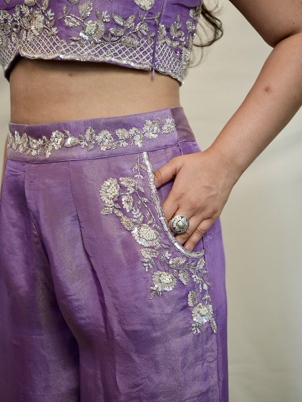 Halter Neck Tissue Palazzo Set in Lavender with Hand Detailing