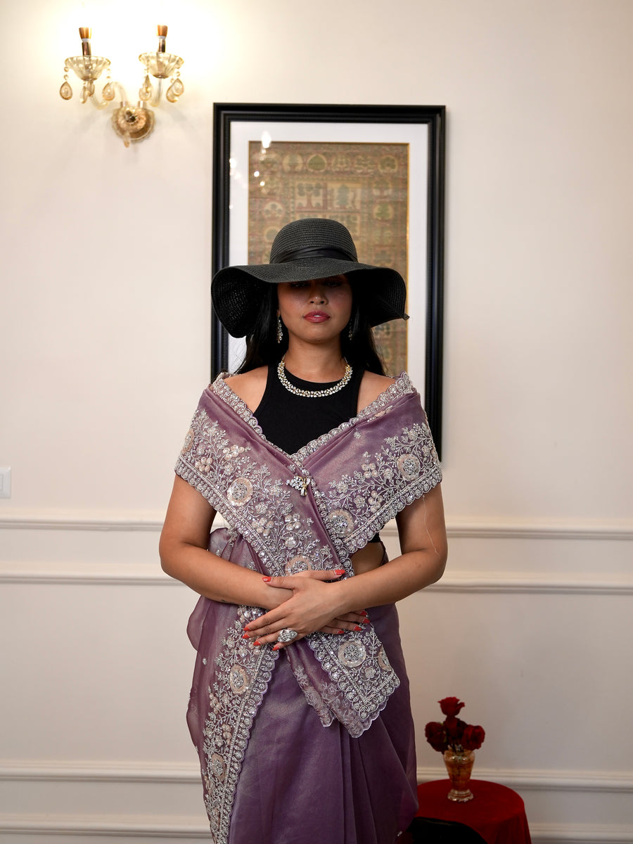Tissue Saree in Dual Tone Purple - Zardosi Work