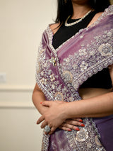 Tissue Saree in Dual Tone Purple - Zardosi Work