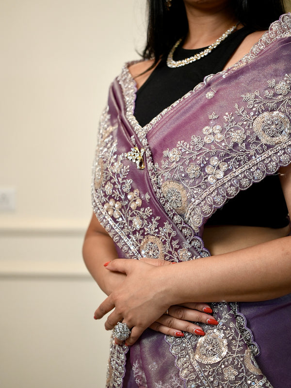 Tissue Saree in Dual Tone Purple - Zardosi Work