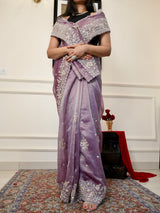 Tissue Saree in Dual Tone Purple - Zardosi Work