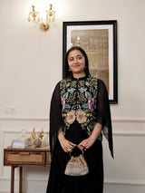 Midnight black embellished Georgette Skirt Set with Ruffle Sleeves