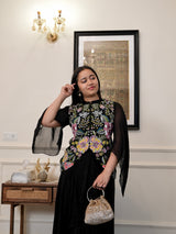 Midnight black embellished Georgette Skirt Set with Ruffle Sleeves