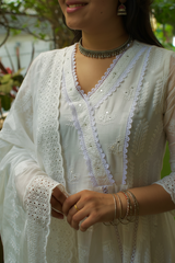 Cotton Lucknowi Lace Anarkali Suit Set with Dupatta