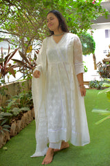 Cotton Lucknowi Lace Anarkali Suit Set with Dupatta