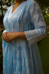 Cotton Lucknowi Lace Anarkali Suit Set with Dupatta