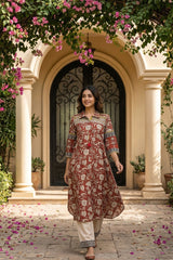 Rust Silk Blend Floral Print Co Ord Set