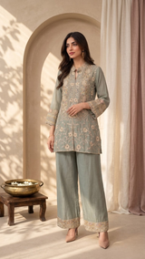 Powder Blue Chinnon Sequin Work IndoWestern Co Ord Set