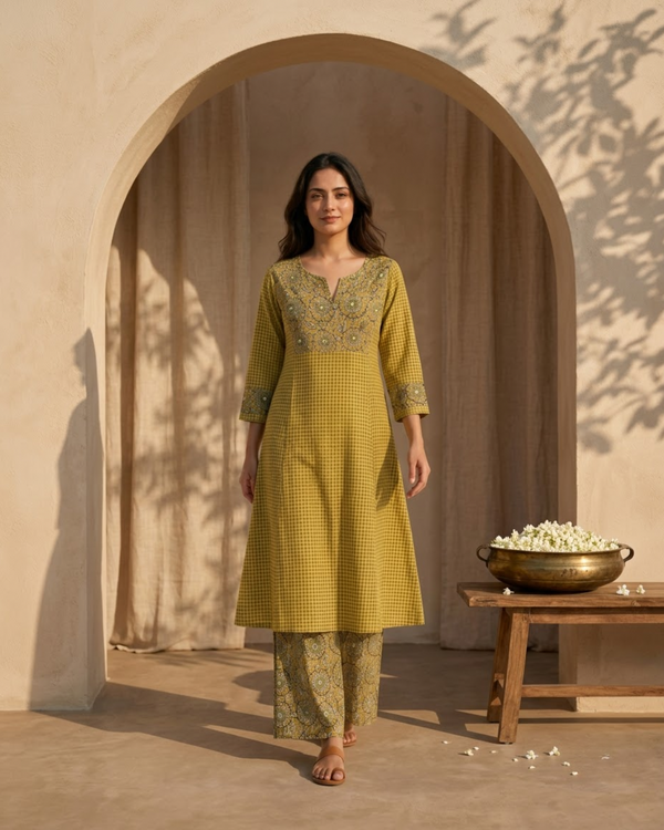 Yellow Thread Work Kurti Set